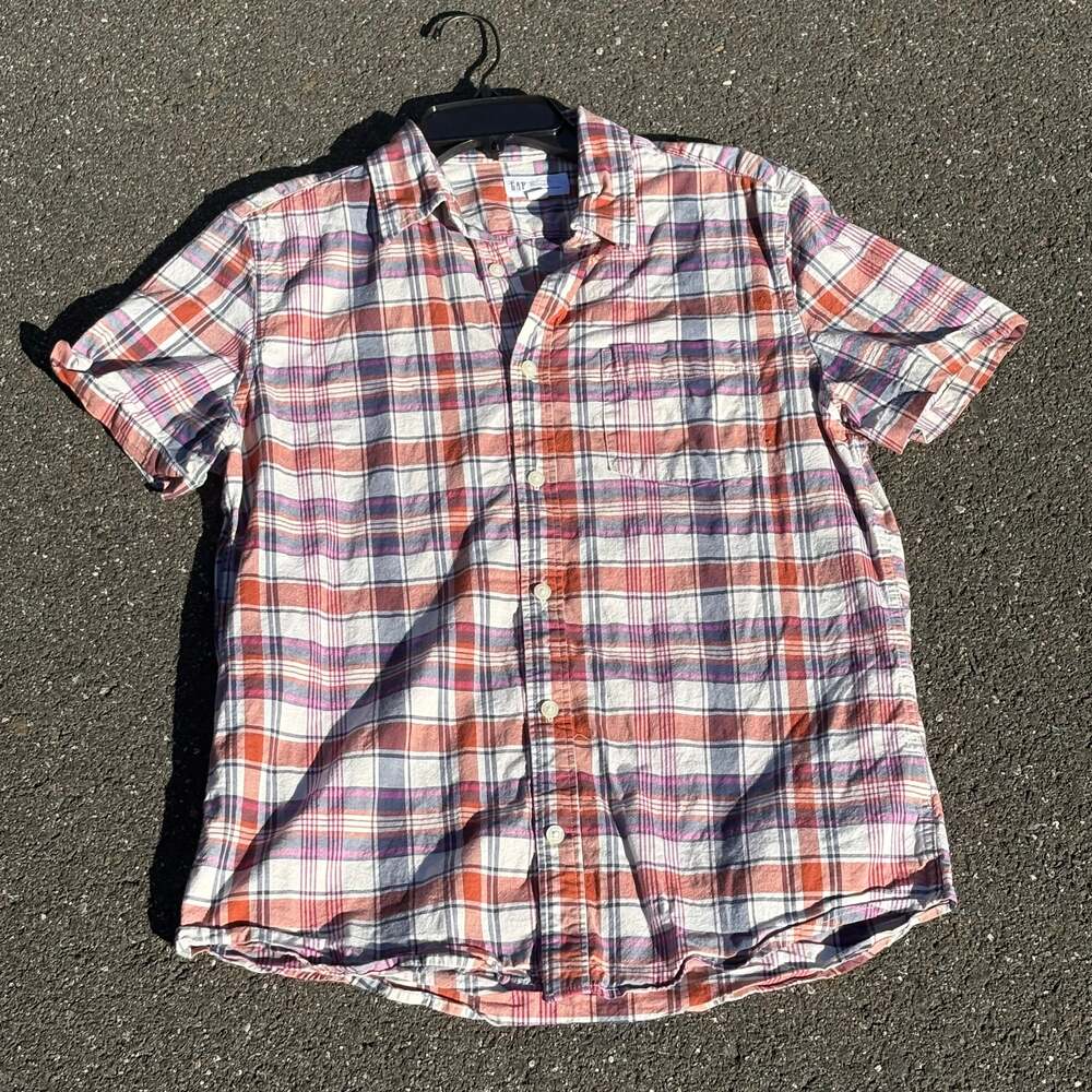 Red and Blue Plaid Short Sleeve Button-Up Shirt